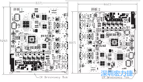 如圖7所示是使用不同數量邊條的拼板，拼板1僅使用了一個邊條，直接利用PCB另一邊作為SMT工藝傳送邊，并且PCB圖形中有合適的安裝孔；而拼板2則是按常規設計了兩個邊條。拼板方式為連接筋。圖中“Breakaway Tab”指邊條-深圳宏力捷
