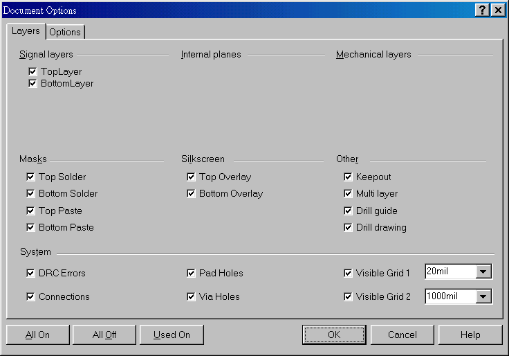 在主功能列，Design >> Option，打開Document Option設置環境
