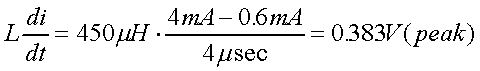 舉例來說，一個閘在"ON"而載有4mA的電流時，突然開關(guān)切到"OFF"且現(xiàn)在載有0.6mA的電流，假設(shè)開關(guān)時間為4msec，載有450mH的電感信號的導(dǎo)體，此時所產(chǎn)生的電壓突波為