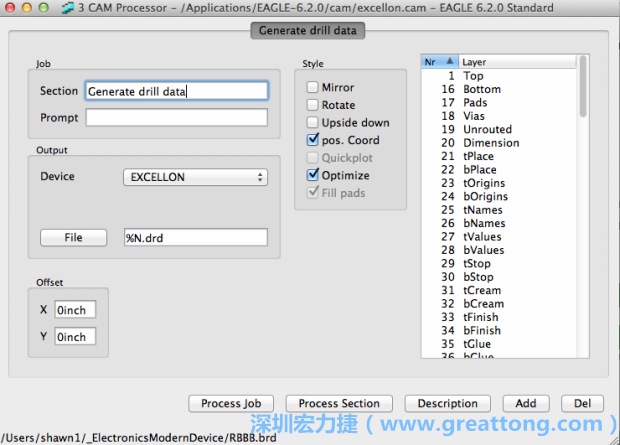 打開(kāi)「excellon.cam」的工作項(xiàng)目并建立drill文件（副檔名為「.dri」和「.drd」），之后你只會(huì)用到「.drd」的文件檔；「.dri」的文件只是解釋用資料（所謂后設(shè)資料）而已。