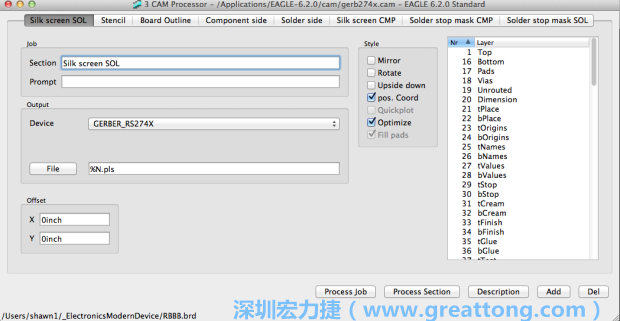 假如你有匯入點(diǎn)陣圖圖層（抑或是有某個(gè)圖層是你不想要它們出現(xiàn)在絲印上的），請(qǐng)?jiān)俅未_認(rèn)標(biāo)簽列下面被指定的圖層都是正確無(wú)誤的。