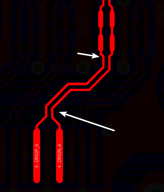 相應(yīng)的要對(duì)差分對(duì)不匹配的情況作出補(bǔ)償，使其線長(zhǎng)匹配，長(zhǎng)度差通常控制在5mil以內(nèi)
